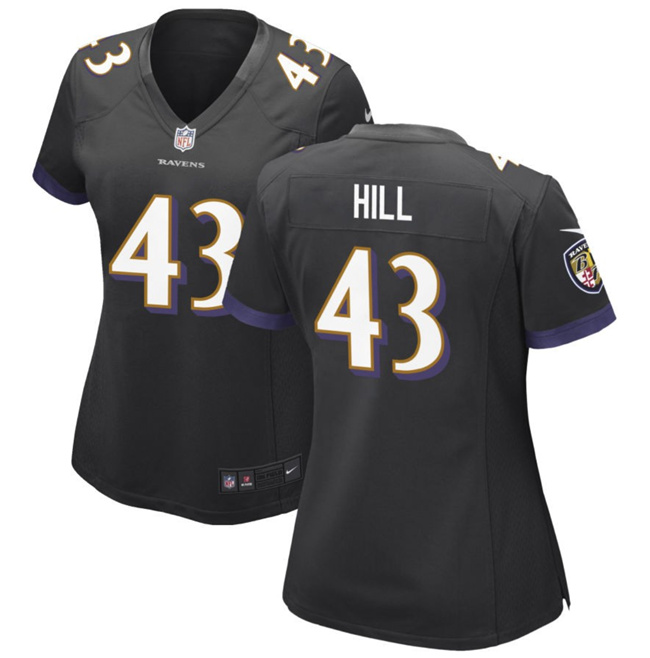 Women's Baltimore Ravens #43 Justice Hill Black Football Jersey(Run Small)